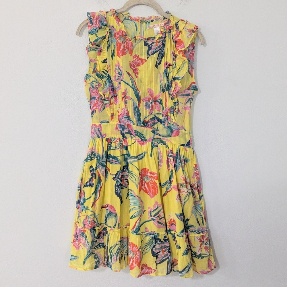 Banjanan A Line Mini Floral Dress Pleated Ruffle Sleeveless Tie Yellow Small S